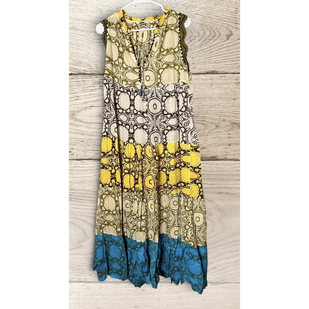 Zara Crochet Tiered Patchwork Maxi Dress Size S Beaded Tassels Boho Flowy